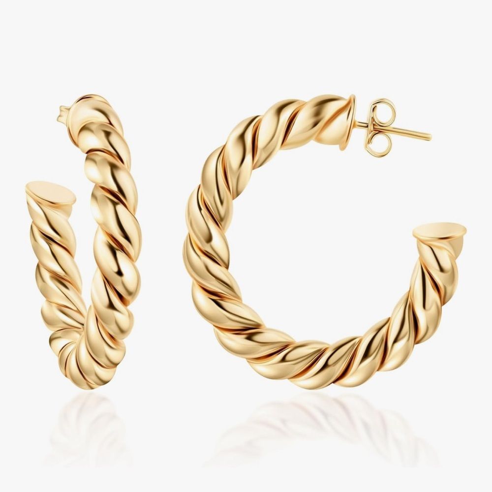 New 18k Gold Plated Chunky Twisted Hoop Earrings, 30mm